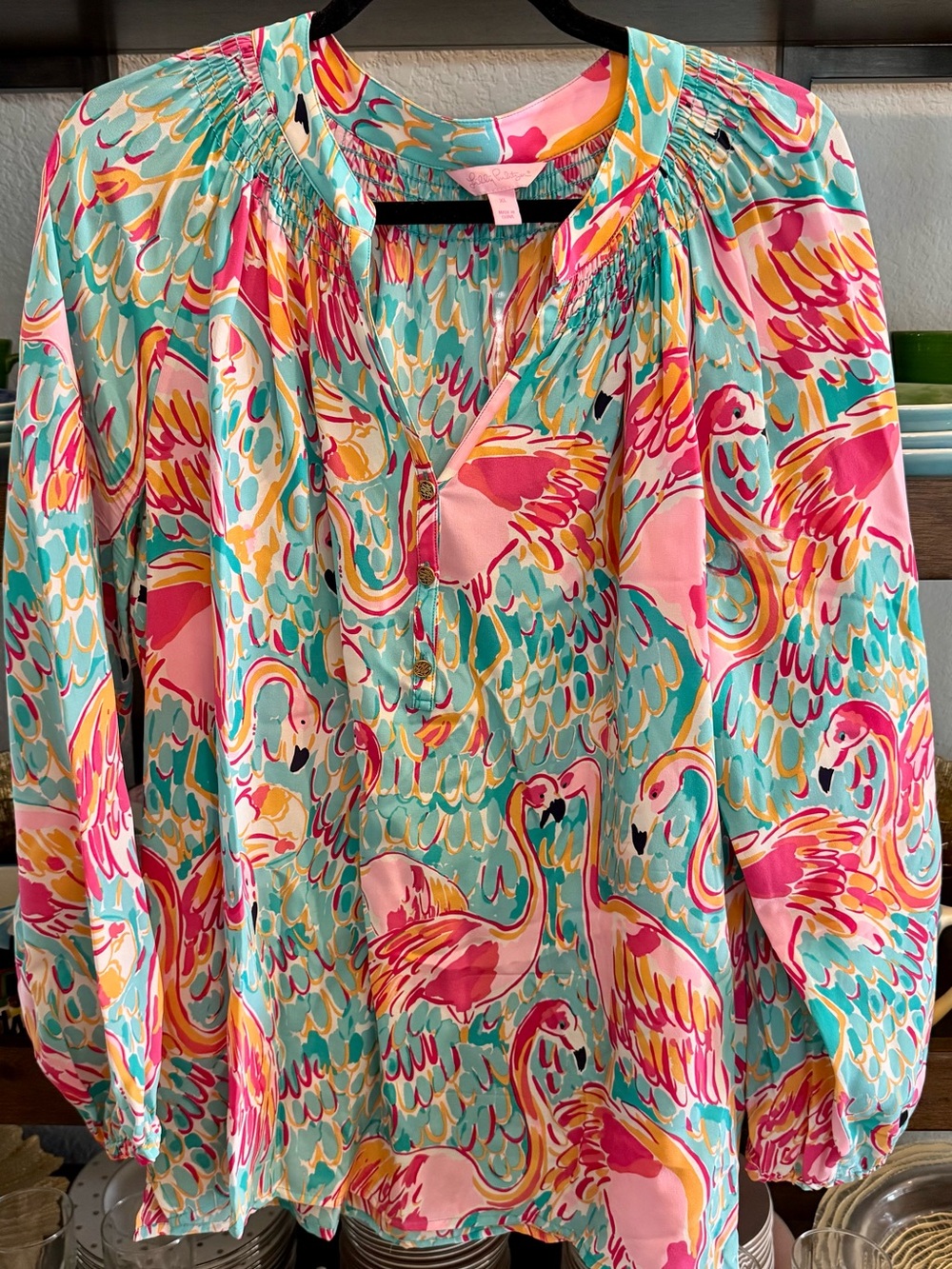 Lilly Pulitzer Elsa Top Flamingo-Print Blouse in Pink, Teal & Orange